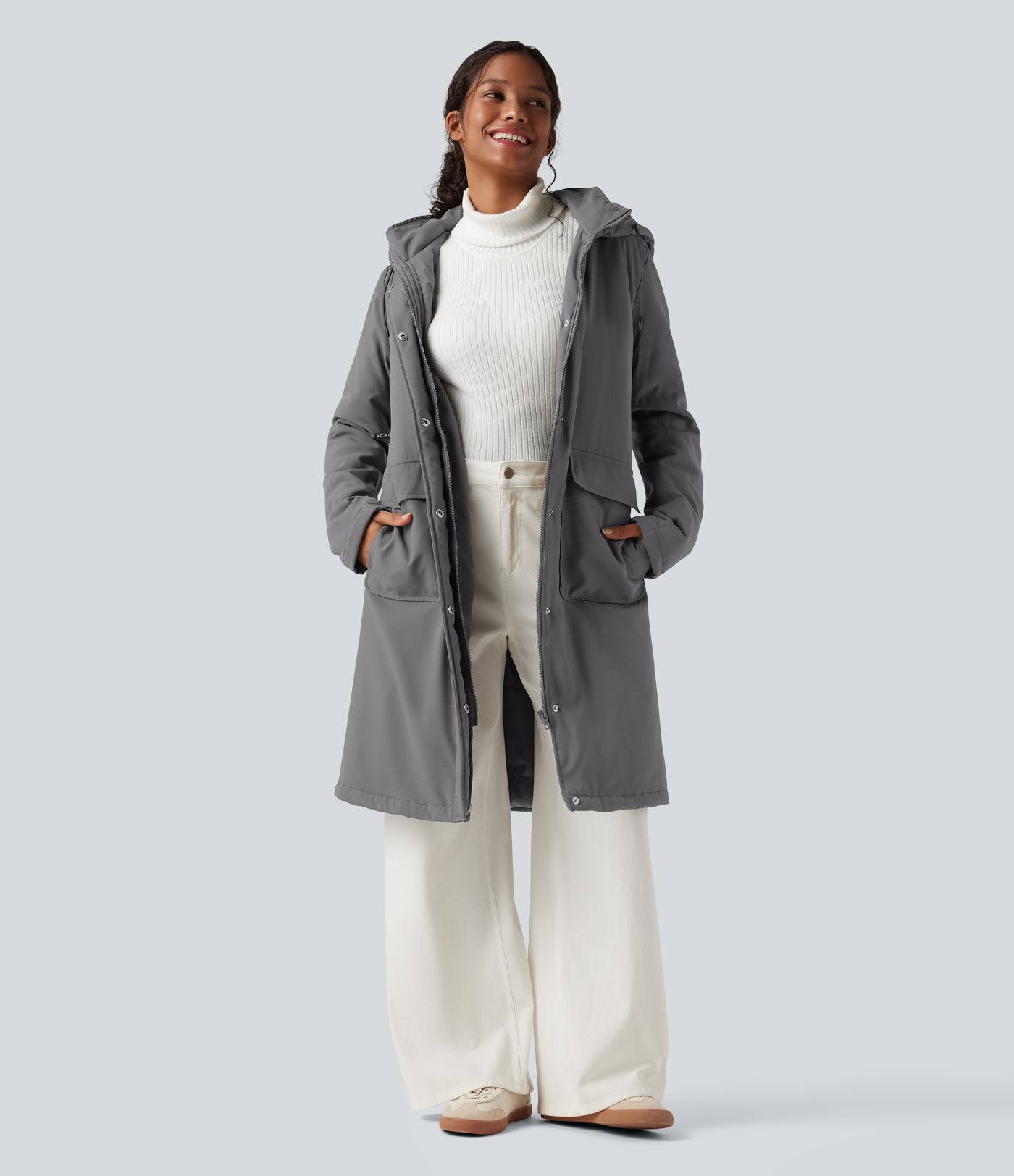 Lässiger, langer Parka mit Kapuze, Seitentaschen, langen Ärmeln und Kordelzug