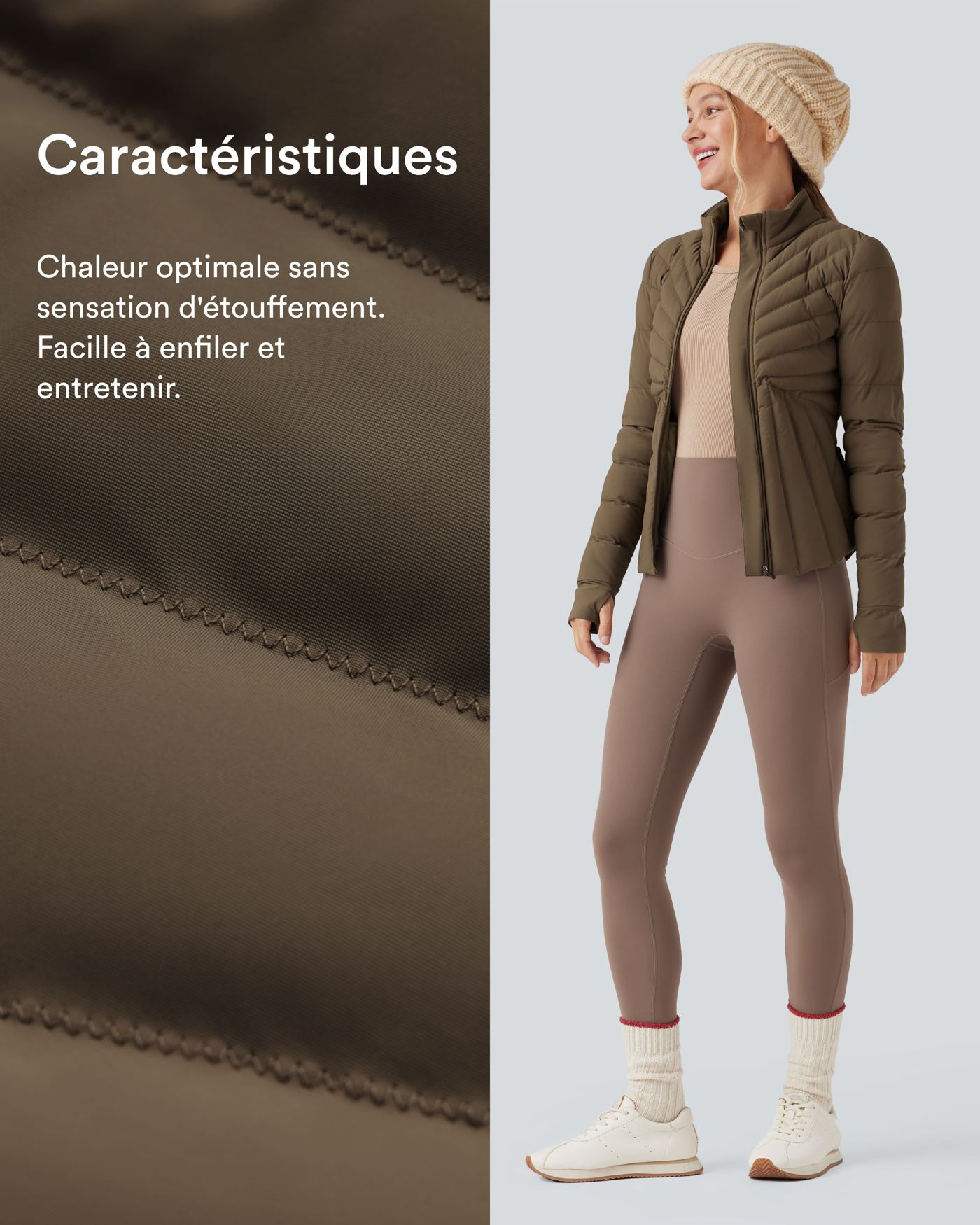 Doudoune de sport extensible col montant avec passants pouces et poches