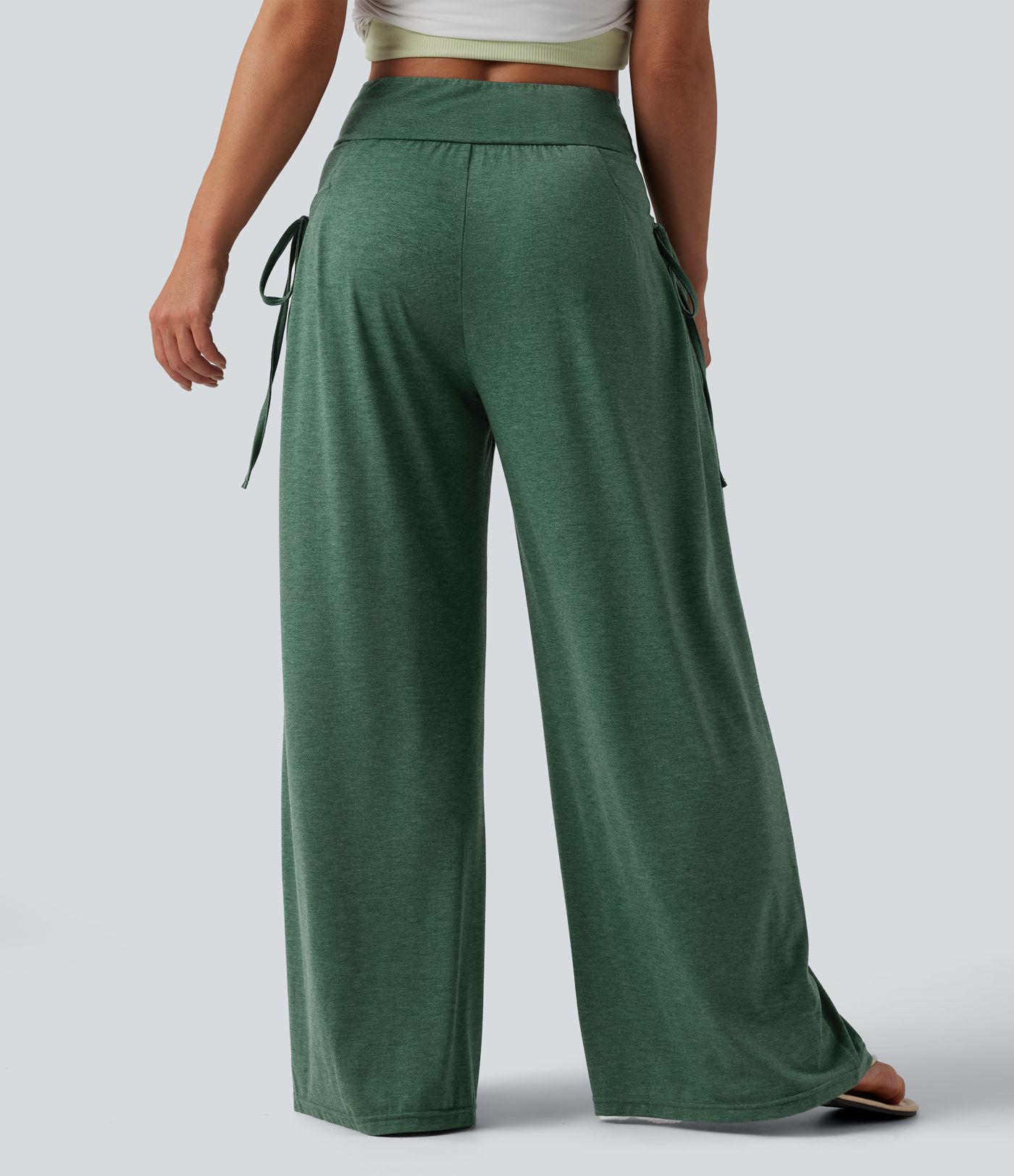 Pantalon casual large ample chiné taille haute croisé à lacets avec poches