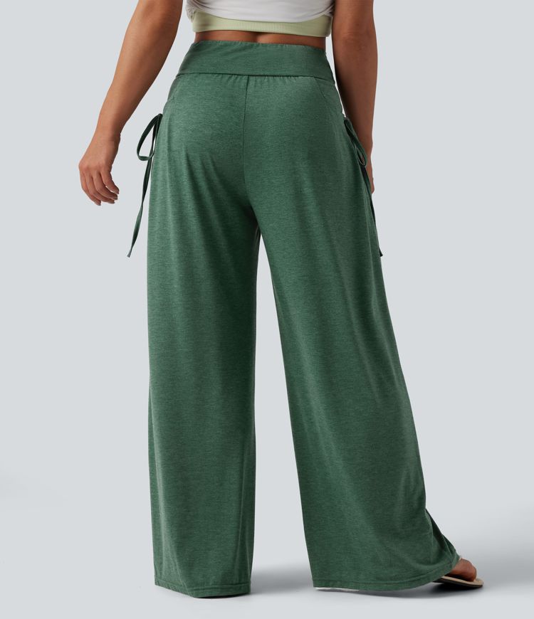 Pantalon casual large ample chiné taille haute croisé à lacets avec poches