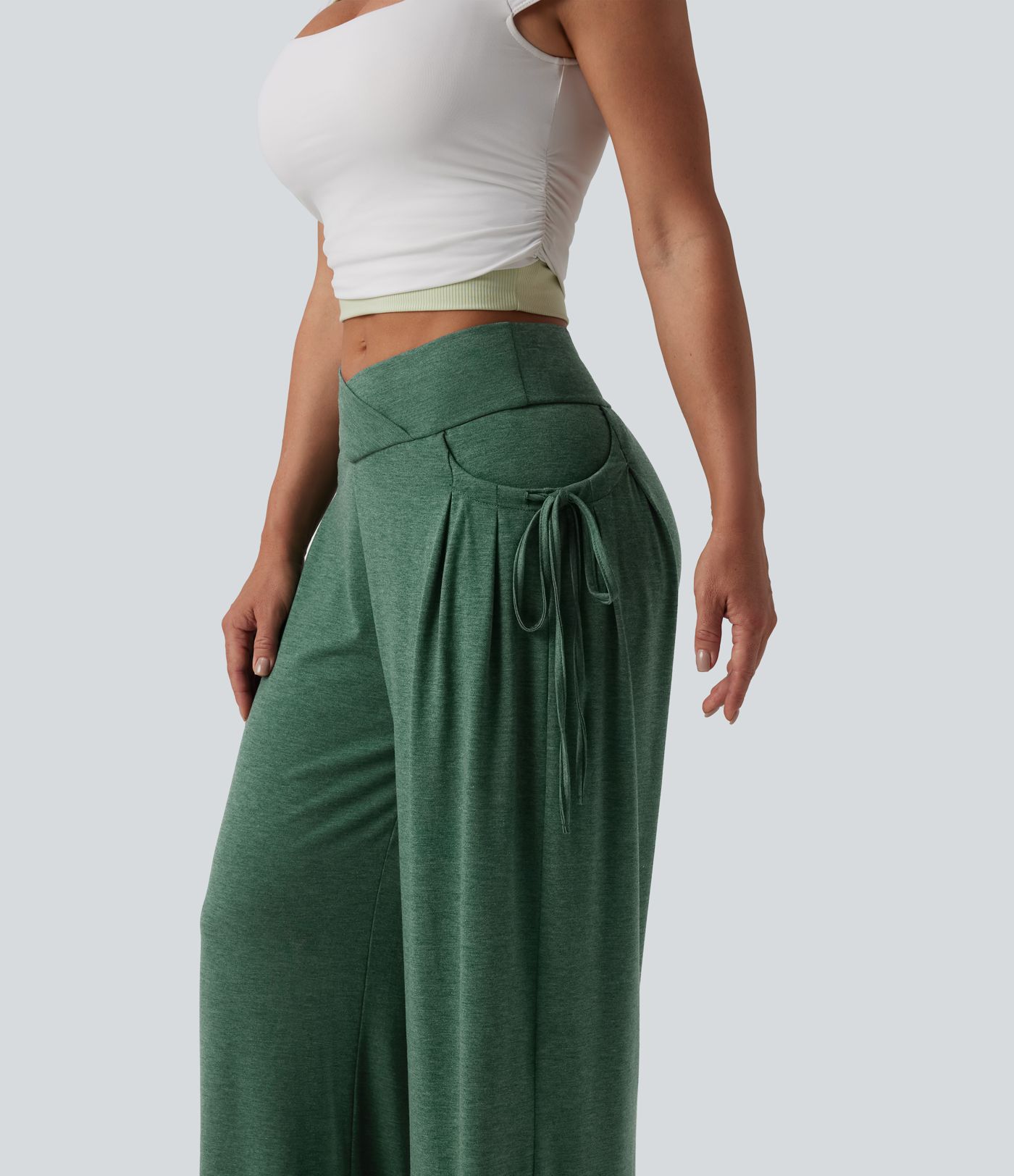 Pantalon casual large ample chiné taille haute croisé à lacets avec poches