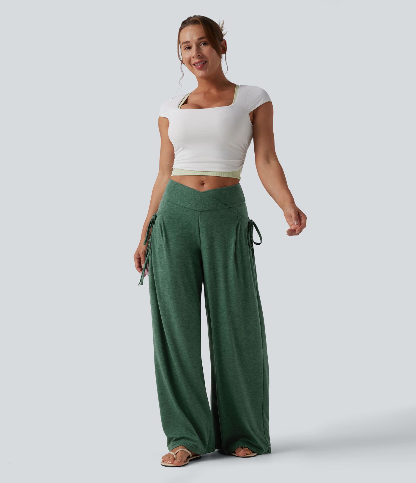 Pantalon casual large ample chiné taille haute croisé à lacets avec poches