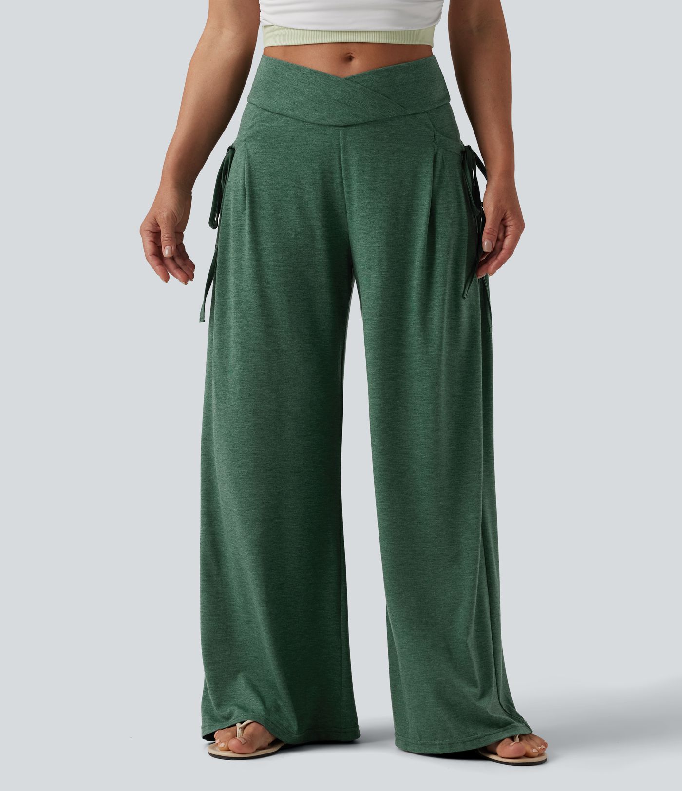 Pantalon casual large ample chiné taille haute croisé à lacets avec poches