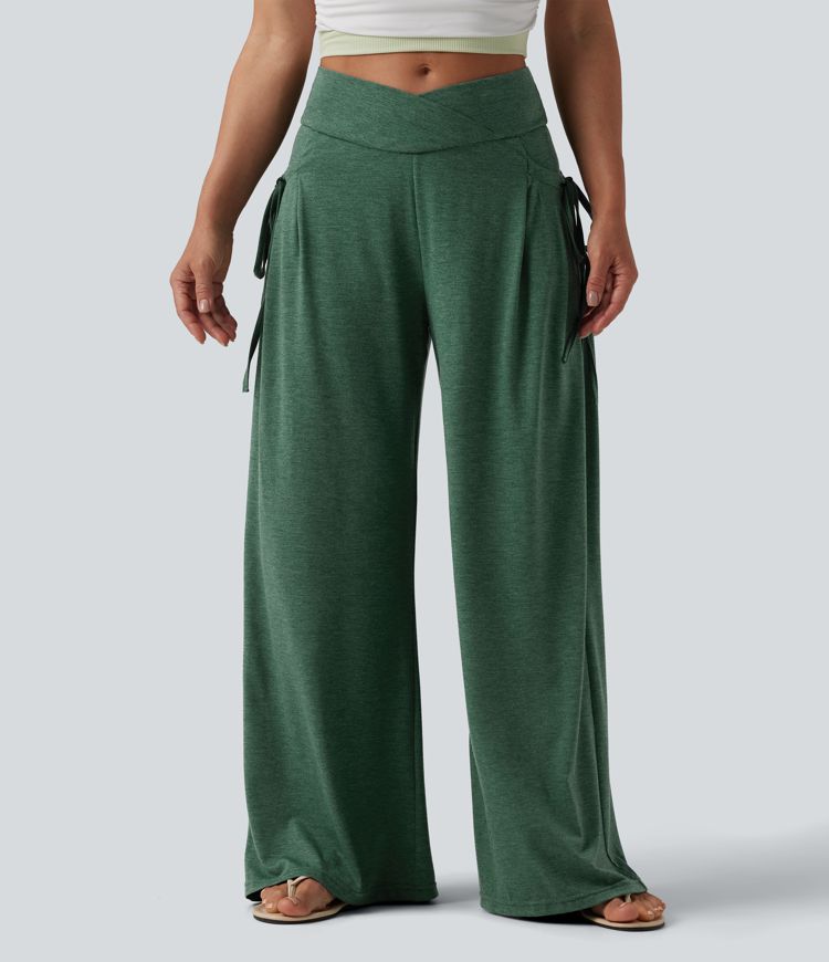 Pantalon casual large ample chiné taille haute croisé à lacets avec poches