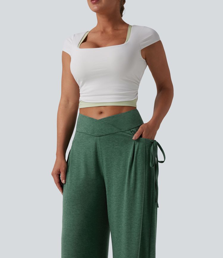 Pantalon casual large ample chiné taille haute croisé à lacets avec poches