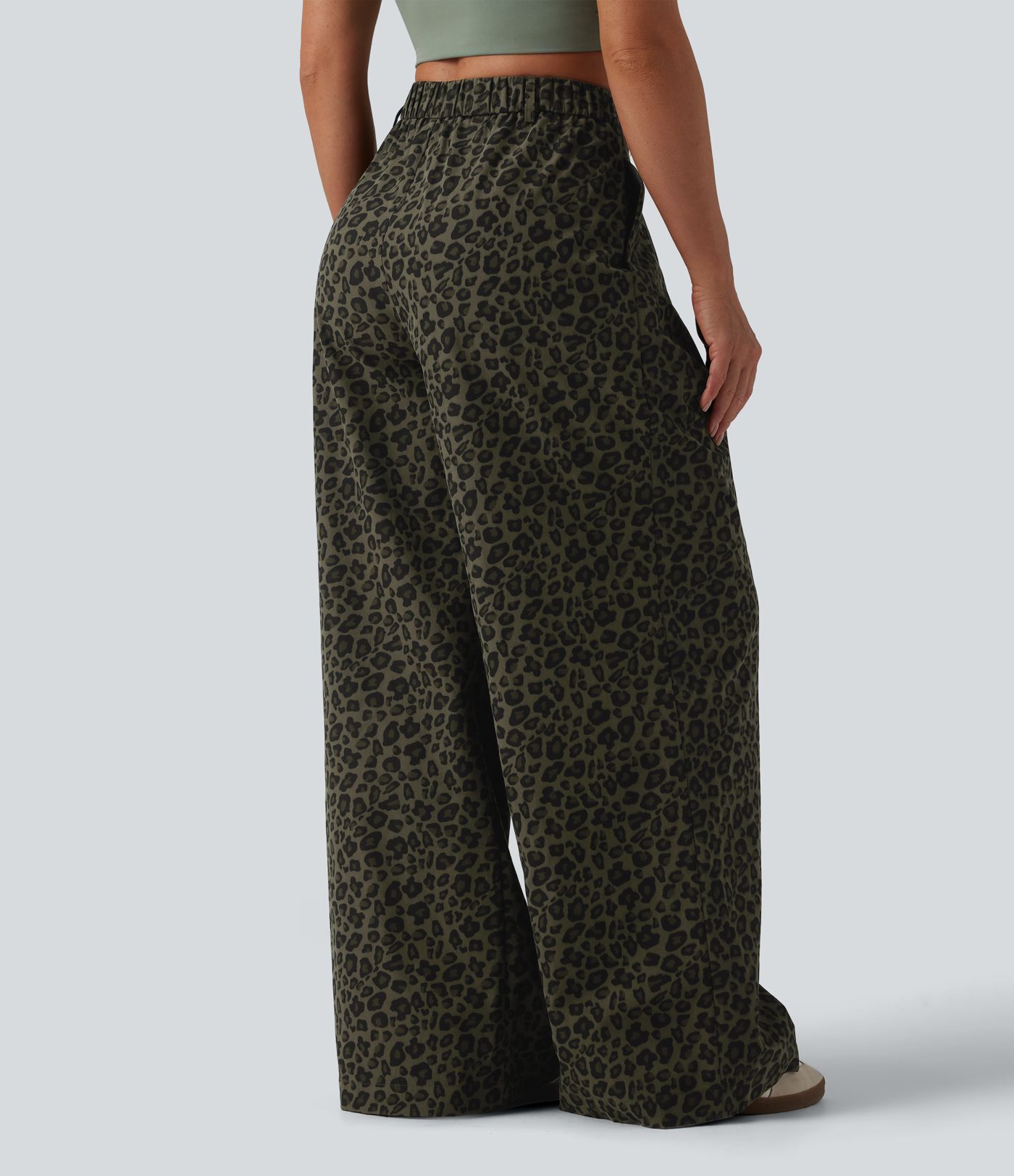 Mid Rise Wide Leg Leopard Print Casual Pants with Pockets