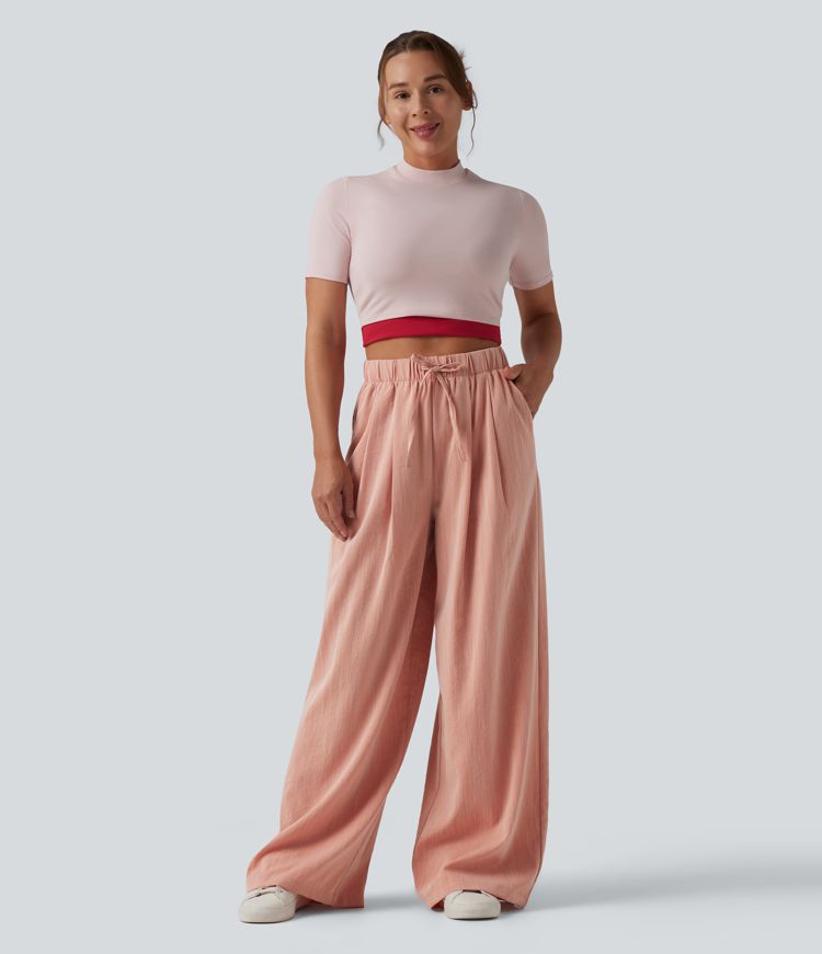High Waisted Drawstring Wide Leg Casual Linen-Feel Pants with Pockets