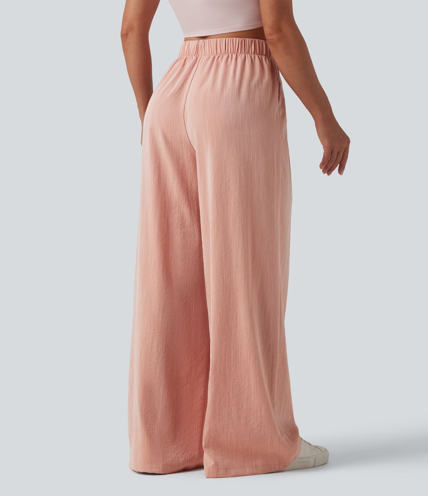 High Waisted Drawstring Wide Leg Casual Linen-Feel Pants with Pockets