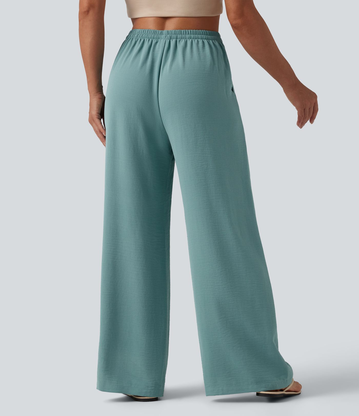 Mid Rise Drawstring Wide Leg Casual Linen-Feel Pants with Pockets