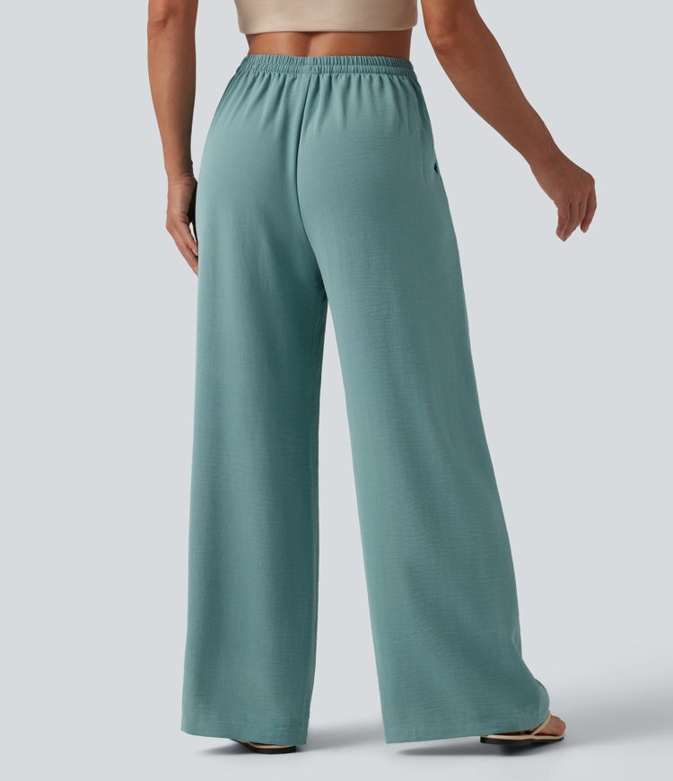 Mid Rise Drawstring Wide Leg Casual Linen-Feel Pants with Pockets