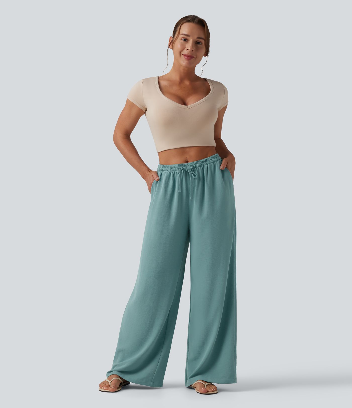 Mid Rise Drawstring Wide Leg Casual Linen-Feel Pants with Pockets