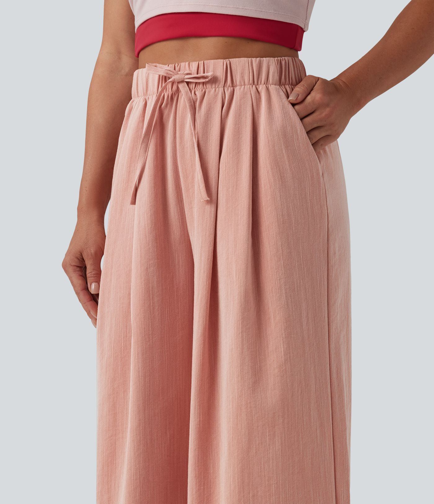 High Waisted Drawstring Wide Leg Casual Linen-Feel Pants with Pockets