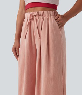 High Waisted Drawstring Wide Leg Casual Linen-Feel Pants with Pockets
