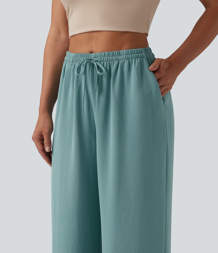 Mid Rise Drawstring Wide Leg Casual Linen-Feel Pants with Pockets