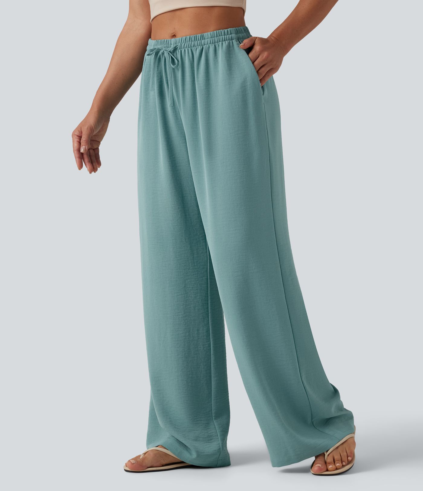 Mid Rise Drawstring Wide Leg Casual Linen-Feel Pants with Pockets