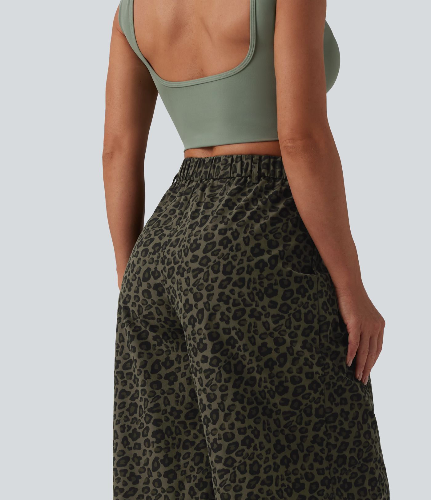 Mid Rise Wide Leg Leopard Print Casual Pants with Pockets