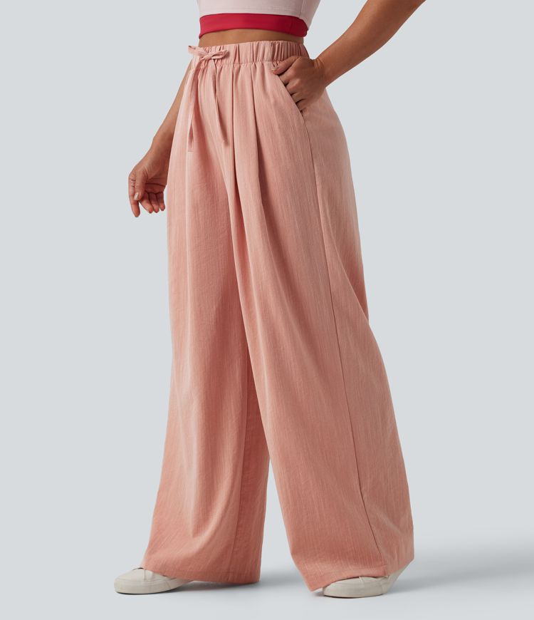 High Waisted Drawstring Wide Leg Casual Linen-Feel Pants with Pockets
