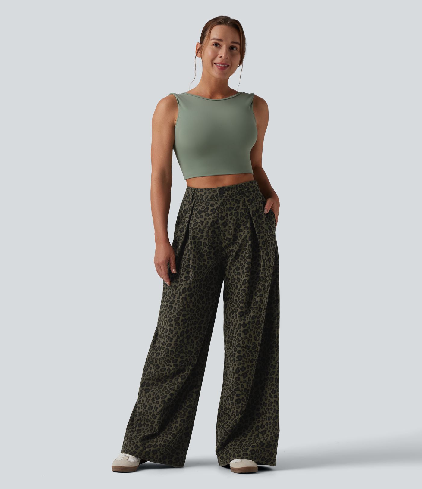 Mid Rise Wide Leg Leopard Print Casual Pants with Pockets