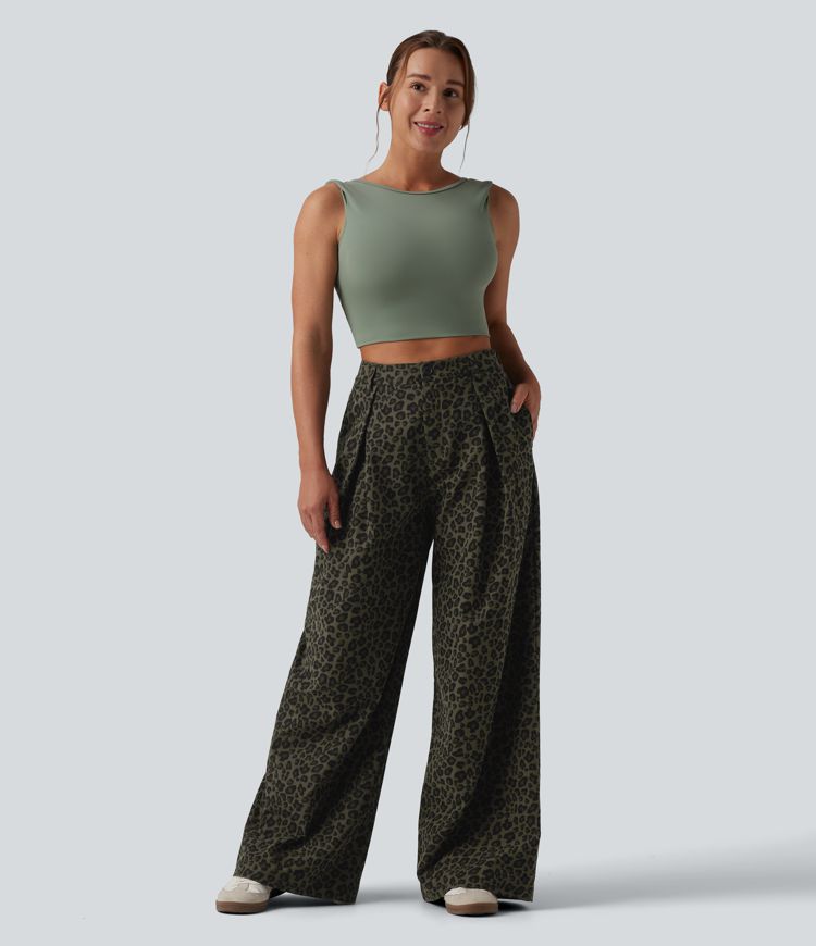 Mid Rise Wide Leg Leopard Print Casual Pants with Pockets