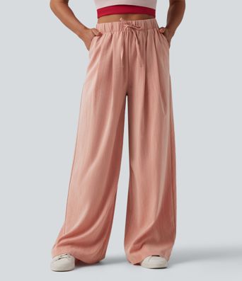 High Waisted Drawstring Wide Leg Casual Linen-Feel Pants with Pockets