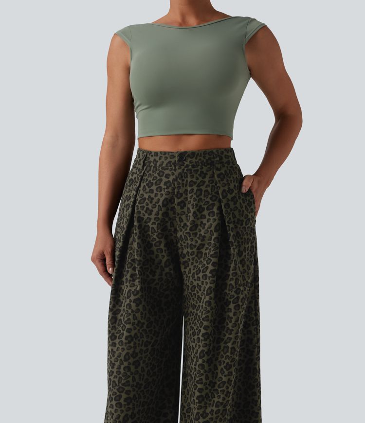 Mid Rise Wide Leg Leopard Print Casual Pants with Pockets