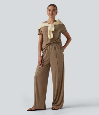 High Waisted Inner Drawstring Wide Leg Casual Linen-Blend Pants with Pockets High Waisted Inner Drawstring Wide Leg Casual Linen-Blend Pants with Pockets