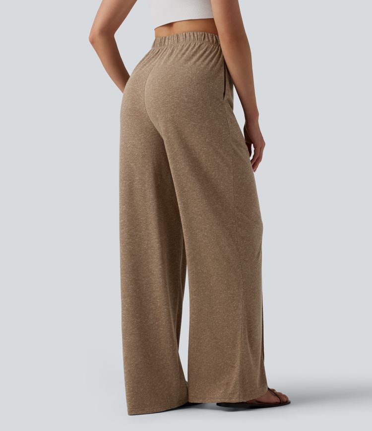 High Waisted Inner Drawstring Wide Leg Casual Linen-Blend Pants with Pockets High Waisted Inner Drawstring Wide Leg Casual Linen-Blend Pants with Pockets