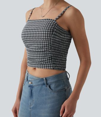 Gingham Ruched Cropped Workout Tank Top Gingham Ruched Cropped Workout Tank Top