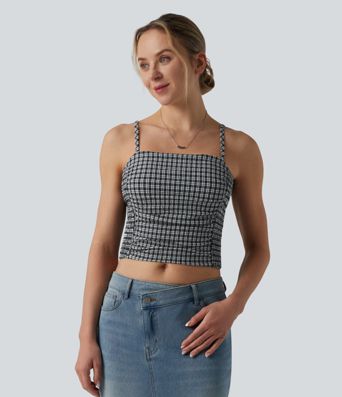 Gingham Ruched Cropped Workout Tank Top Gingham Ruched Cropped Workout Tank Top