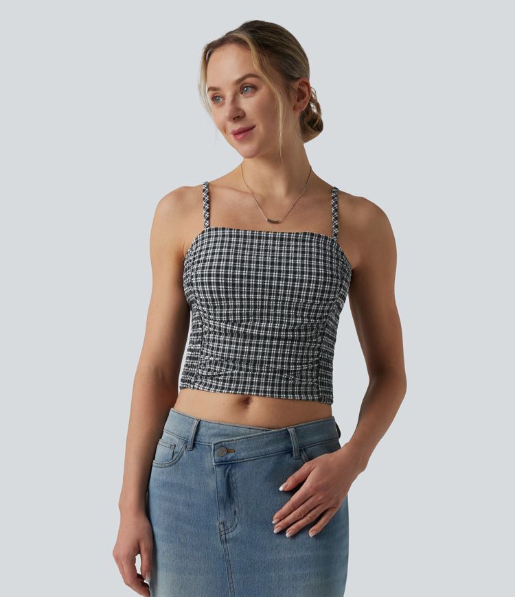Gingham Ruched Cropped Workout Tank Top Gingham Ruched Cropped Workout Tank Top