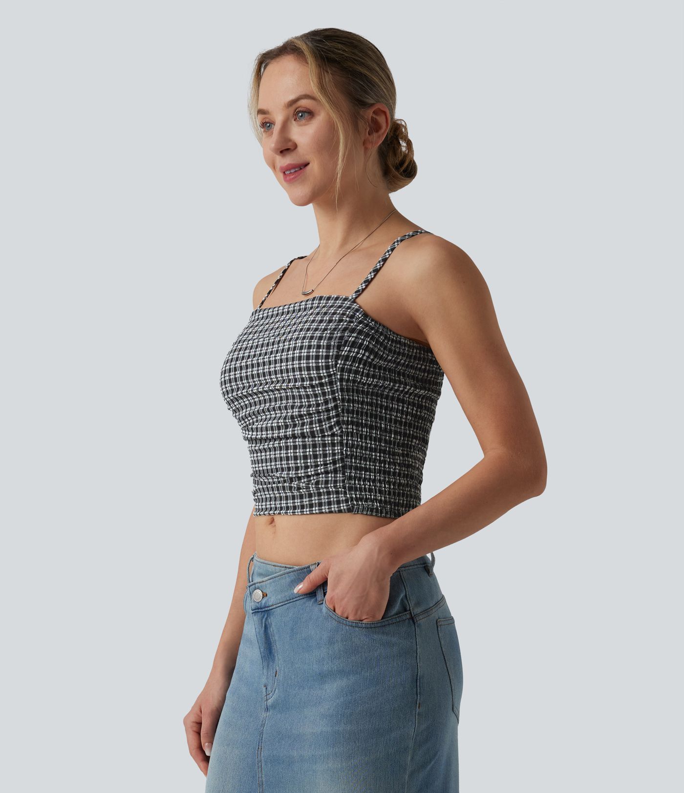 Gingham Ruched Cropped Workout Tank Top Gingham Ruched Cropped Workout Tank Top