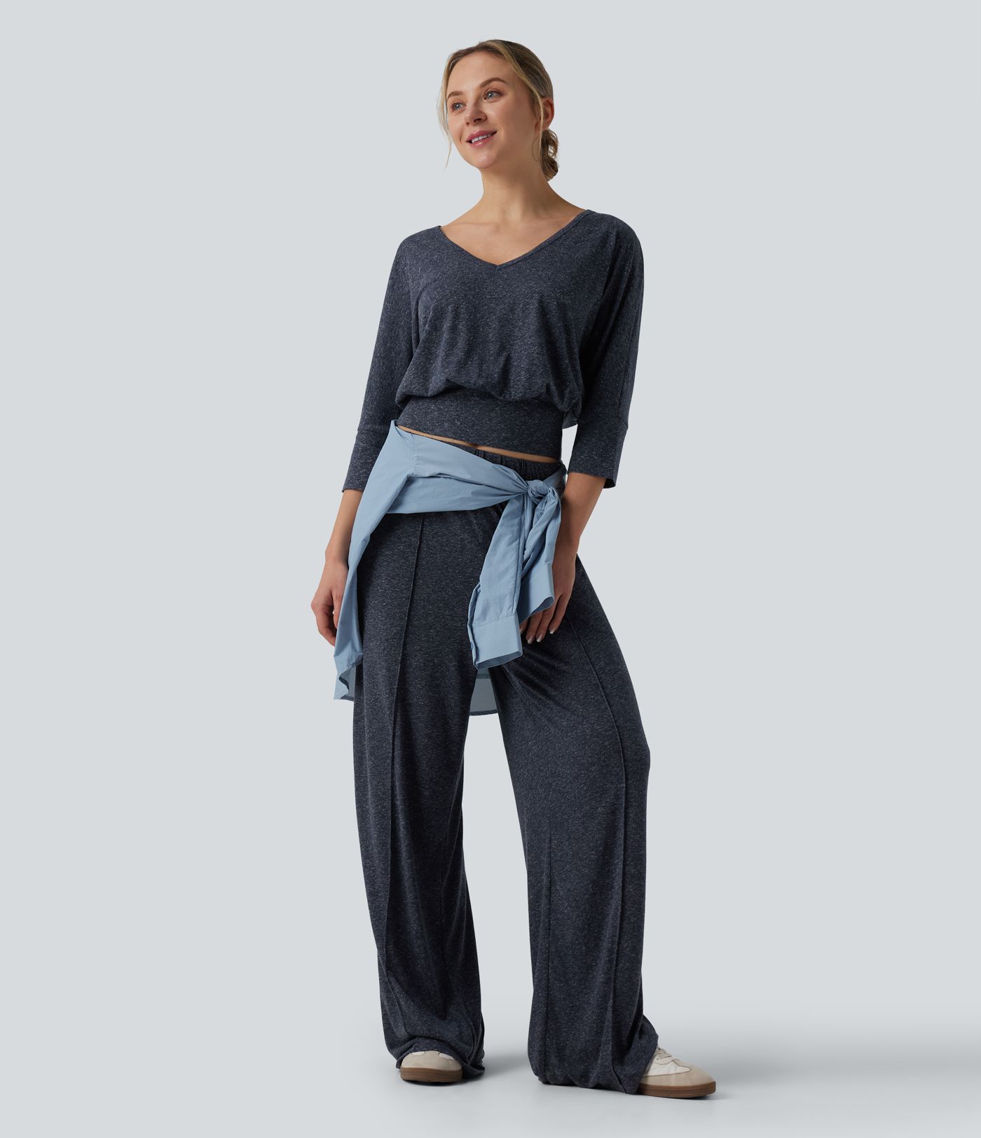 V Neck 3/4 Sleeve Casual Linen-Blend Top