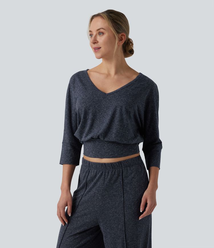 V Neck 3/4 Sleeve Casual Linen-Blend Top