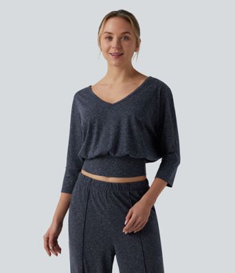 V Neck 3/4 Sleeve Casual Linen-Blend Top