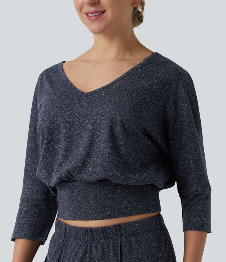 V Neck 3/4 Sleeve Casual Linen-Blend Top