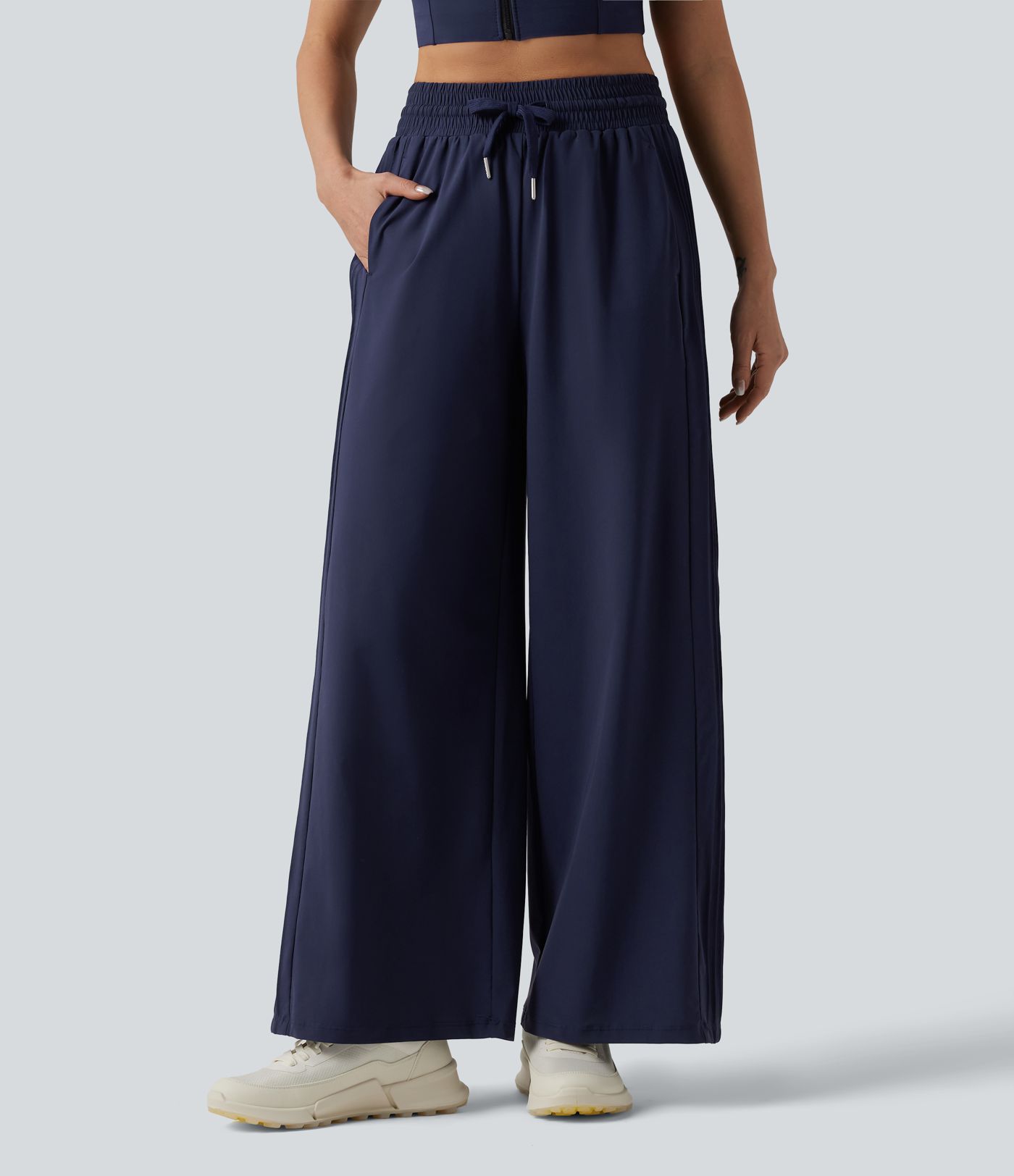 High Waisted Drawstring Wide Leg Quick Dry Running Pants with Pockets