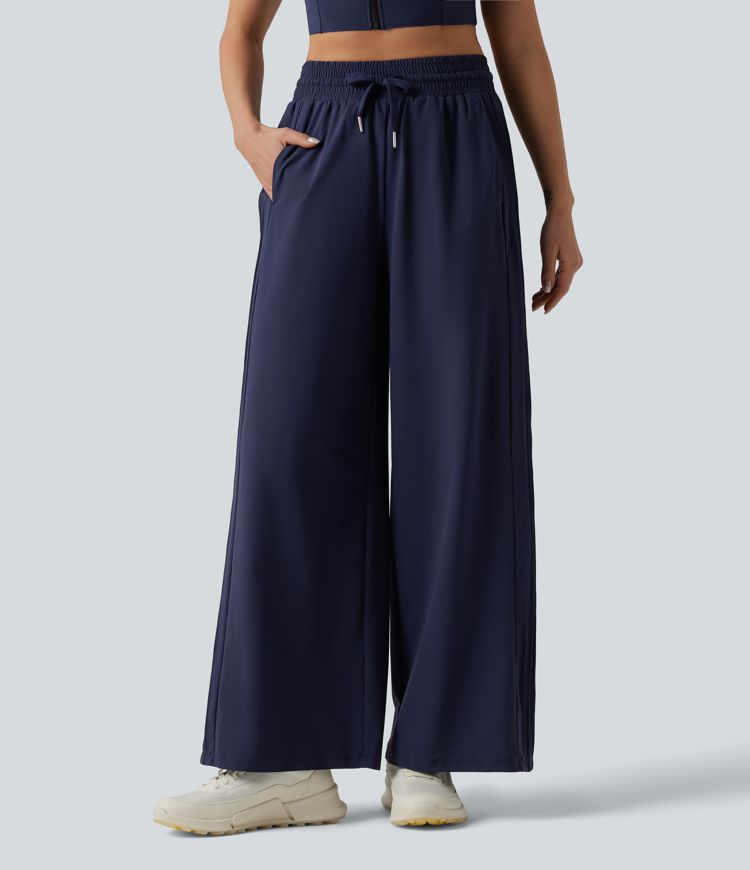 High Waisted Drawstring Wide Leg Quick Dry Running Pants with Pockets