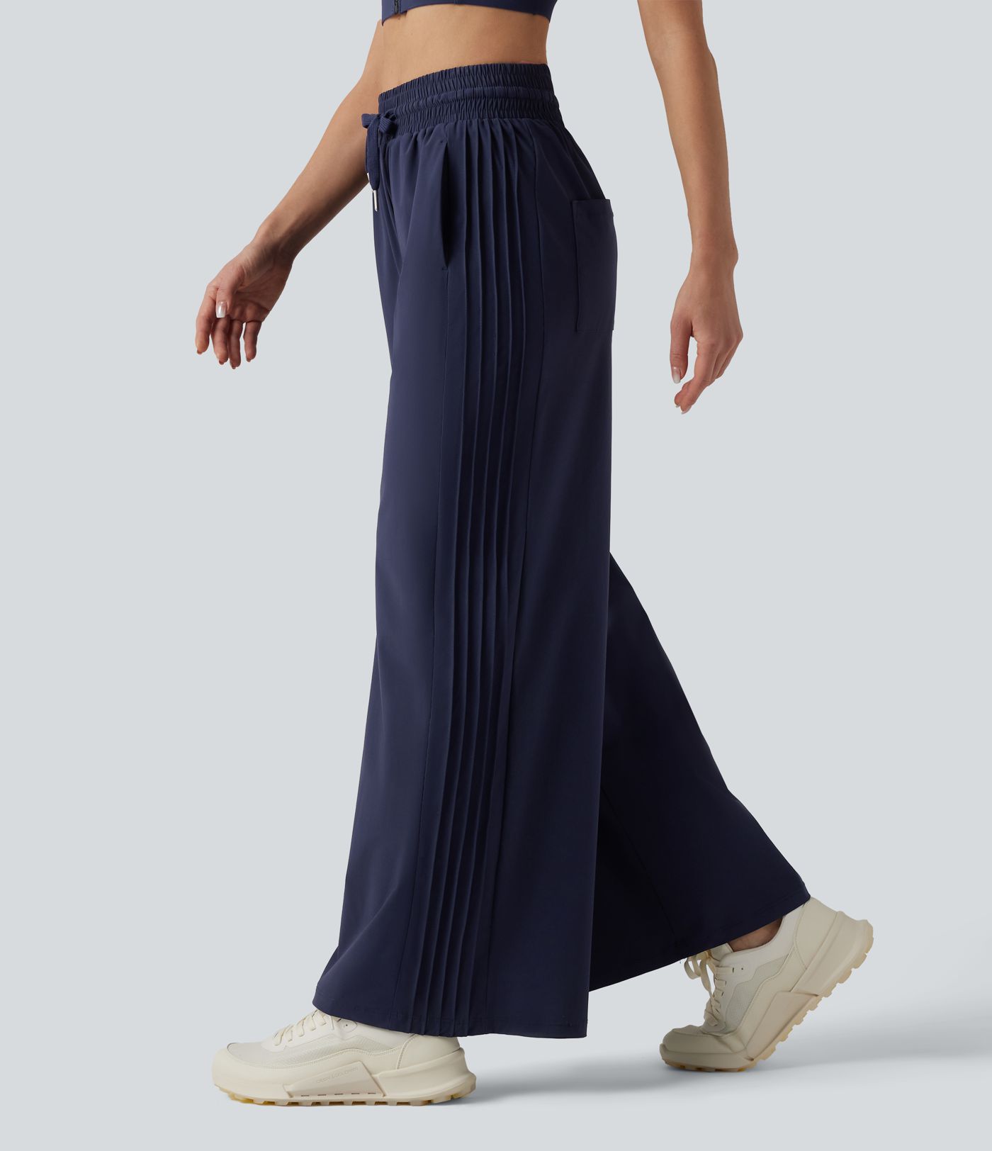 High Waisted Drawstring Wide Leg Quick Dry Running Pants with Pockets