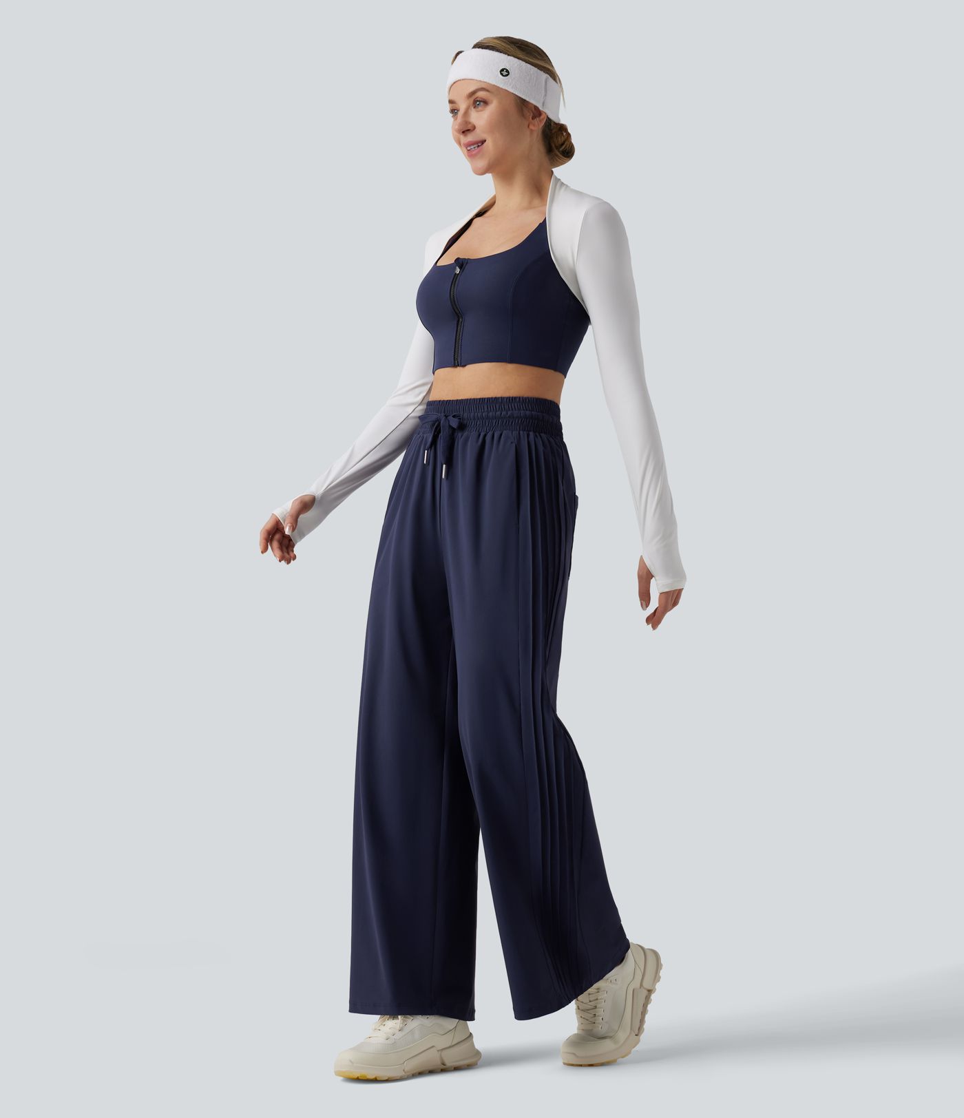 High Waisted Drawstring Wide Leg Quick Dry Running Pants with Pockets