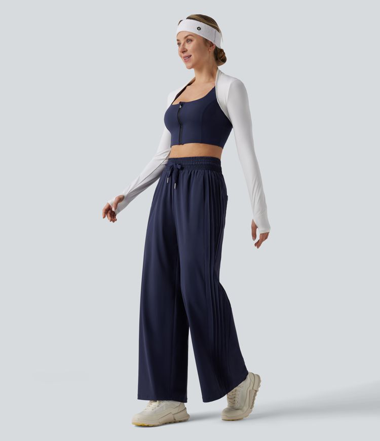 High Waisted Drawstring Wide Leg Quick Dry Running Pants with Pockets