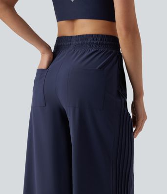 High Waisted Drawstring Wide Leg Quick Dry Running Pants with Pockets