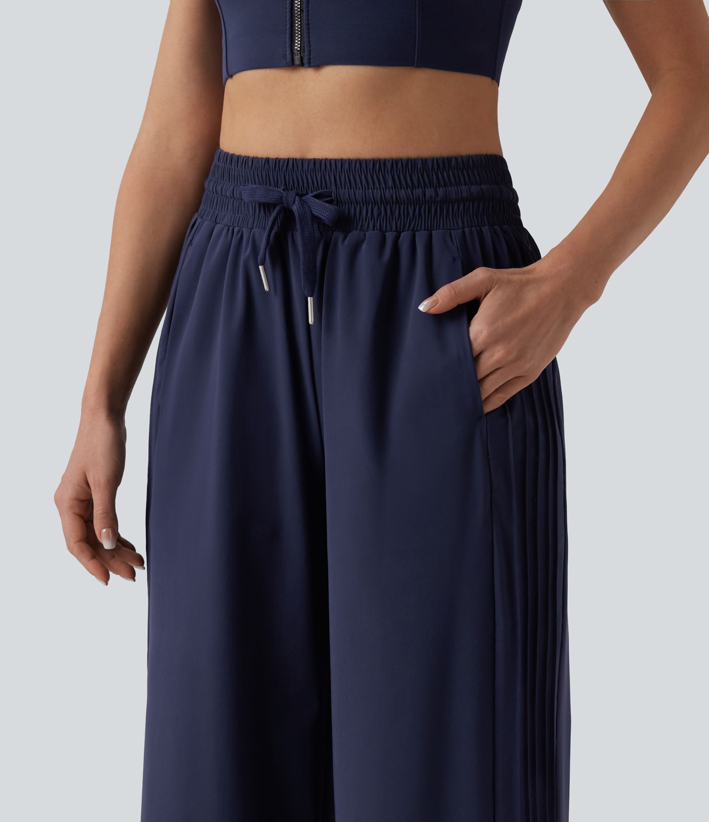 High Waisted Drawstring Wide Leg Quick Dry Running Pants with Pockets