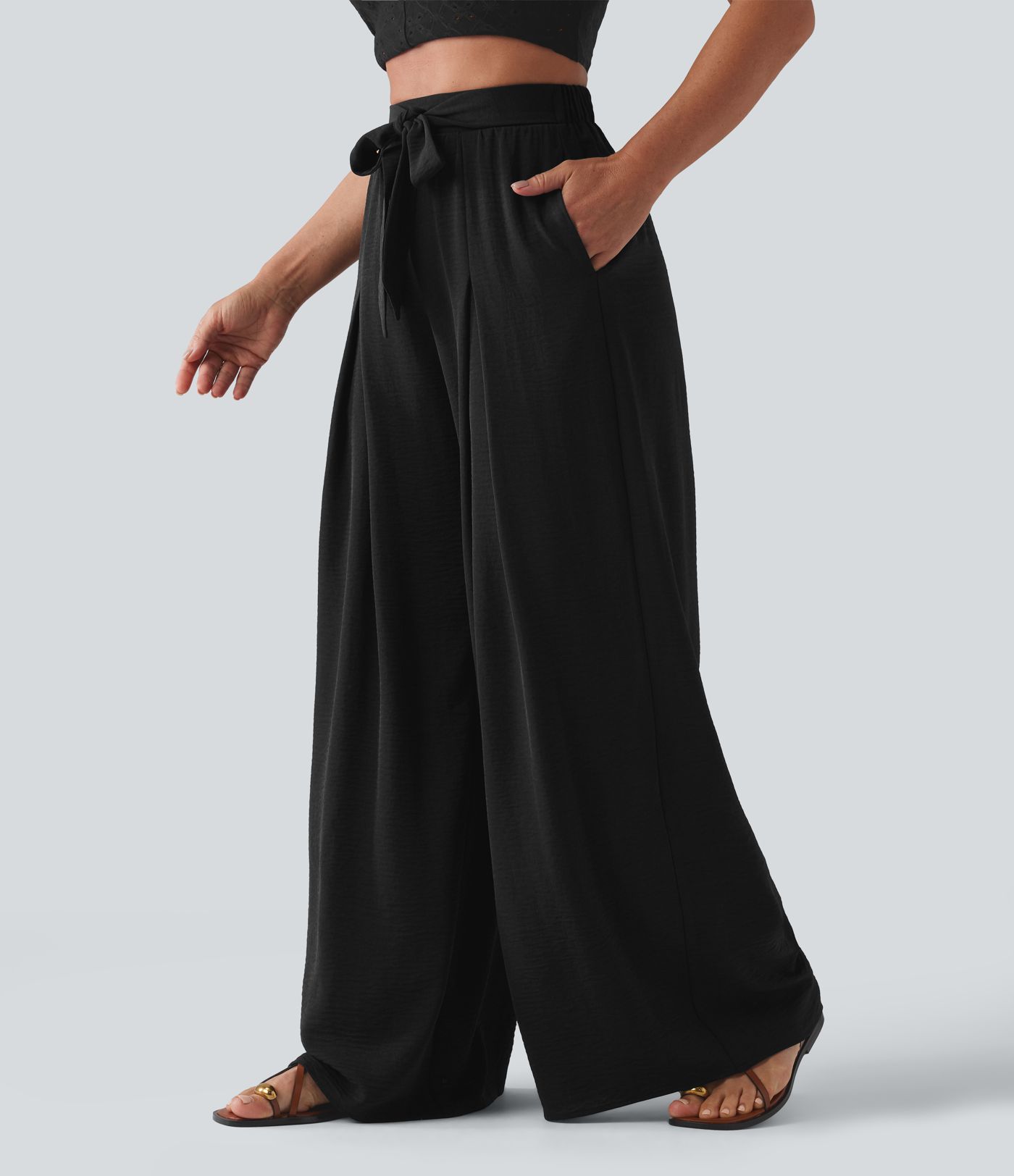 High Waisted Tie-front Linen-Feel Resort Baggy Pants with Pockets