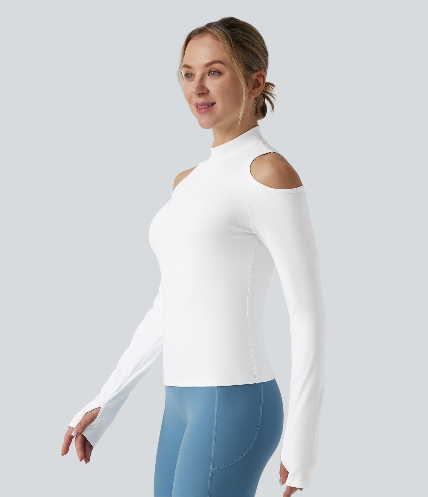 SoftlyZero™ Airy Haut de sport de yoga col cheminée manches longues à découpes avec passage de pouce et toucher frais-UPF50+