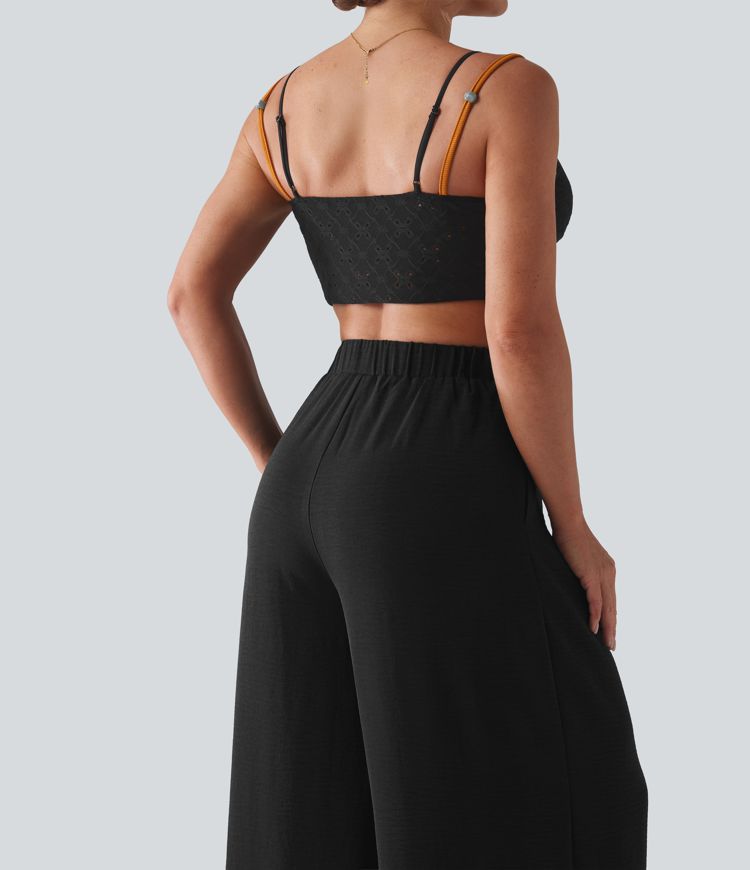 High Waisted Tie-front Linen-Feel Resort Baggy Pants with Pockets