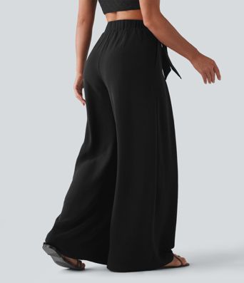 High Waisted Tie-front Linen-Feel Resort Baggy Pants with Pockets