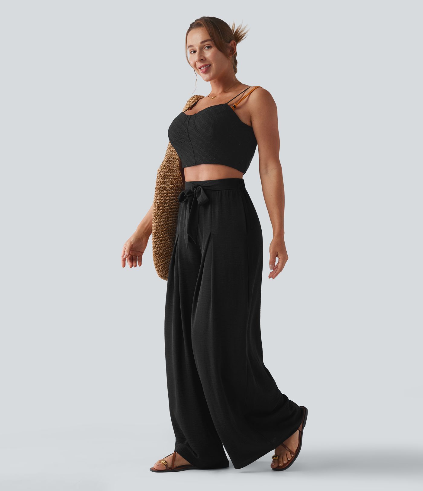 High Waisted Tie-front Linen-Feel Resort Baggy Pants with Pockets