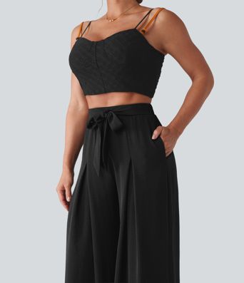 High Waisted Tie-front Linen-Feel Resort Baggy Pants with Pockets