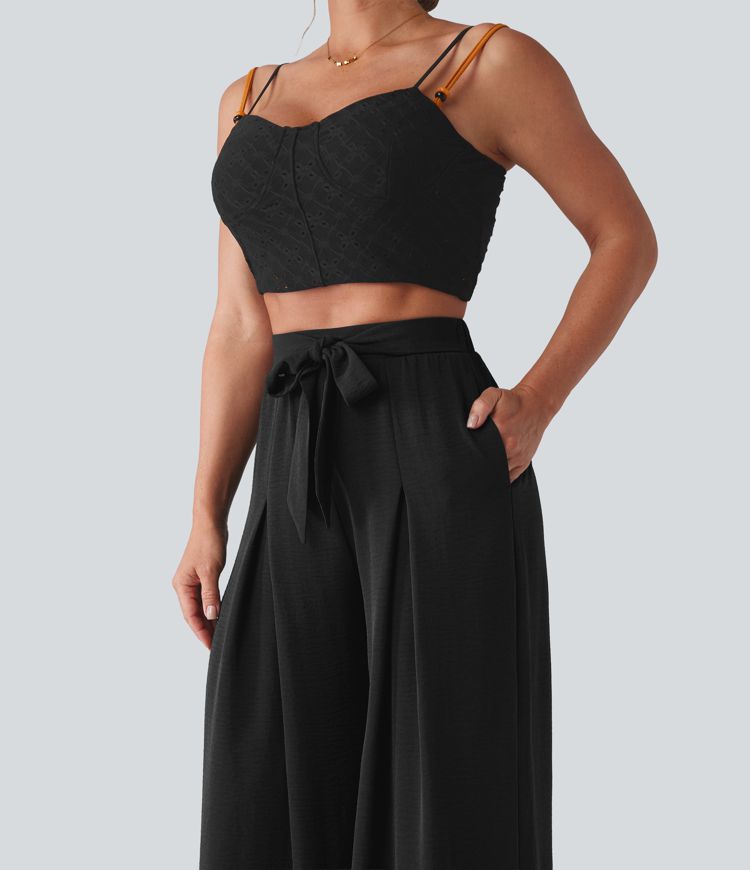 High Waisted Tie-front Linen-Feel Resort Baggy Pants with Pockets
