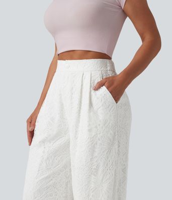 High Waisted Wide Leg Contrast Lace Casual Pants with Pockets